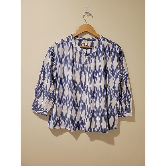 Marea by Liz Joy Jackie Top Ikat Blue Long Sleeve Flowy Button Front Blouse S - Picture 4 of 11